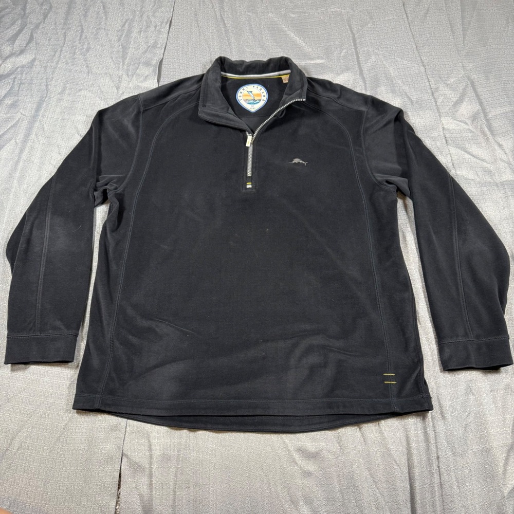 Tommy Bahama Pullover Mens L Black Quarter Zip Fleece Marlins Logo Casual